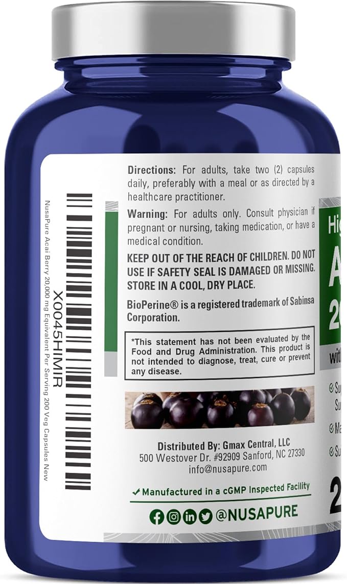 NusaPure Acai Berry Capsules 20000mg | 200 Veggie Caps | Non-GMO, Extract 50:1, Bioperine