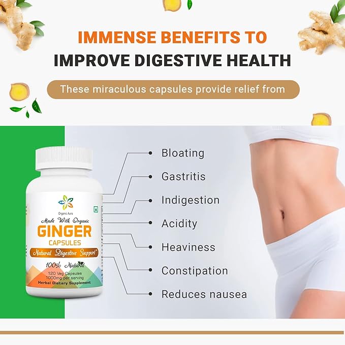 Organic Aura Ginger Capsules - 120 Veg Capsules. 2 Month Supply. Naturally Boosts Digestion, Relief Stomach Upset and Improves Immunity. No GMO and Gluten Free.