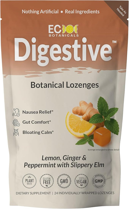 Digestive Blend Functional Hard Candy | Nausea, Travel Sickness, Stomach Gut Upset | Organic Lemon, Ginger, Peppermint, Slippery Elm | Gluten-Free, Non-GMO, Vegan - 24 Count (Pack of 1)
