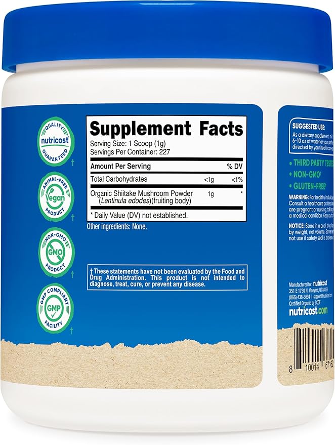 Nutricost Organic Shiitake Mushroom Powder 8oz - 100% Organic Certified, Gluten Free, Non-GMO