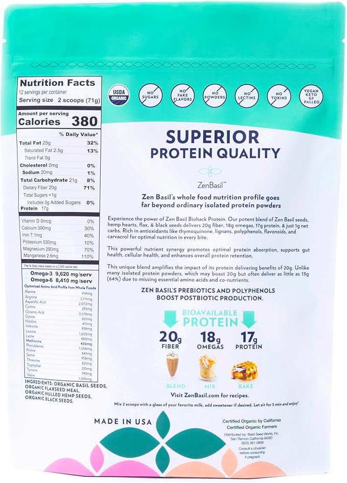 ZenBasil Biohack Protein Seeds, Flaxseed Meal, Hemp Hearts, Black Seeds | 20g Fiber, 18g omegas, 17g Protein | USDA Organic