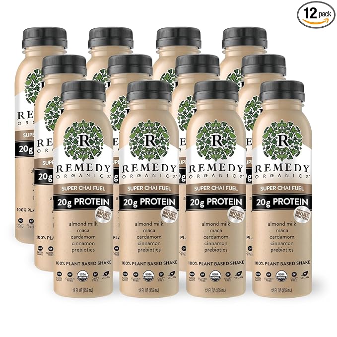Remedy Organics Super Chai Fuel 12-Pack | Plant Based 20g Protein Shakes, Ready to Drink | USDA Organic, Gluten Free, Dairy Free, Soy Free