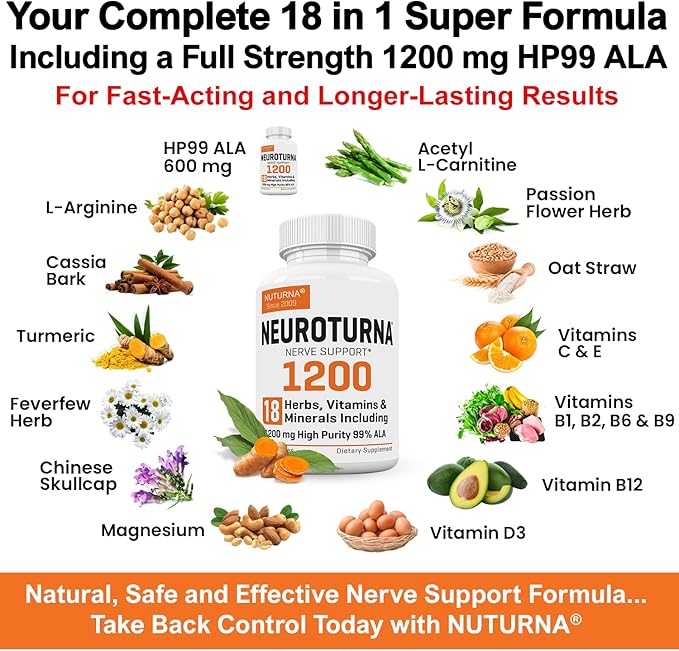 Neuropathy Support Supplement with 1200 mg HP-99 Alpha Lipoic Acid - Max Strength ALA Nerve Formula for Feet Hands Fingers Legs - Ultra Potent 18 in 1 Natural Peripheral Nerve Vitamins - 180 Capsules