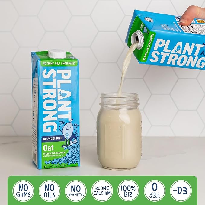 PLANTSTRONG Oat Milk Unsweetened 32oz (6 Pack) - NON-GMO - Plant Based, Vegan - Gluten Free Dairy Free - Shelf Stable - Lactose Free Milk - No Gums or Oils
