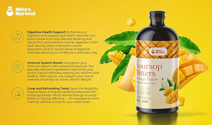 Mira's Harvest Soursop Bitters Liquid Mango Flavor, Premium Grade For Immune Boost, with Irish Moss, Burdock Root, African Mango 16oz
