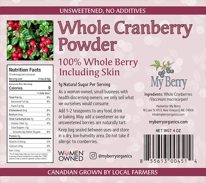 Unsweetened Cranberry Powder | No Additives | Grown in North America | 1g Natural Sugar Per Serving | Woman-Owned Small Business | 4oz