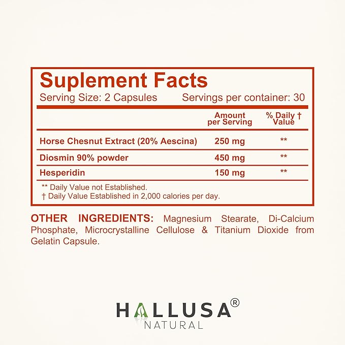 Hallosmine Diosmin Extra Circulation Support, Diosmin Hesperedin + Horse Chestnut Extract, Leg Circulation, Vein Support, Varicose Veins & Blood Circulation Supplement - 60 Caps, 30 Servings