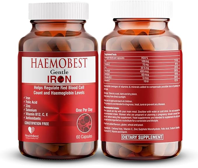 Haemobest Gentle Iron Power Capsules with Vitamin C - 60 Count - Boost Haemoglobin, Gentle on Stomachs - Non-Constipating Formula - Enhances Red Blood Cells Support