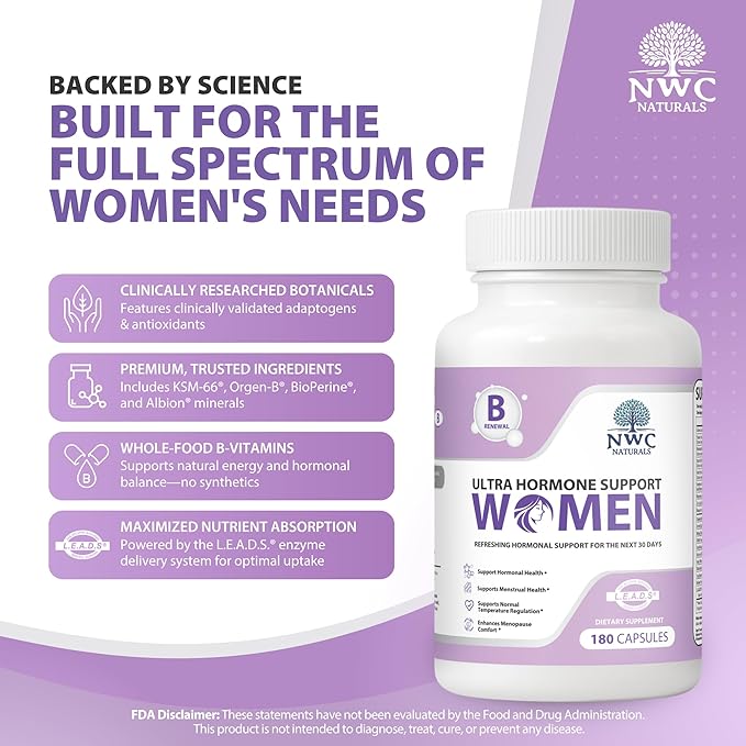 NWC Naturals Ultra-Hormone Support Formula B – Hormone Harmony for Women & Daily Hormone Balance for Women, 180 Capsules – Plant-Based Support with Organic B-Vitamins, Adaptogens & L.E.A.D.S. System