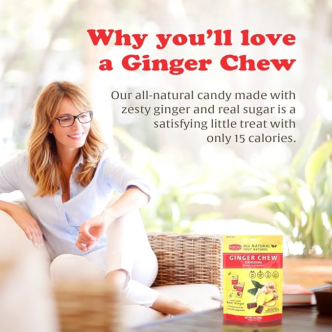 Pocas Original Ginger Chews - Sweet and Zesty Ginger Chew, Individually Wrapped Low-Calorie Snacks, Ginger Candy Made with Pure Cane Sugar, 3 Oz Ea (Pack of 4)