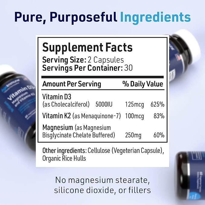 Brilliant D3+ Complex - 60 Capsules - 5000 IU Vitamin D3 + K2 + Magnesium Glycinate Supplement - Doctor Formulated for Immune & Bone Support - No Stearates, No Dioxides