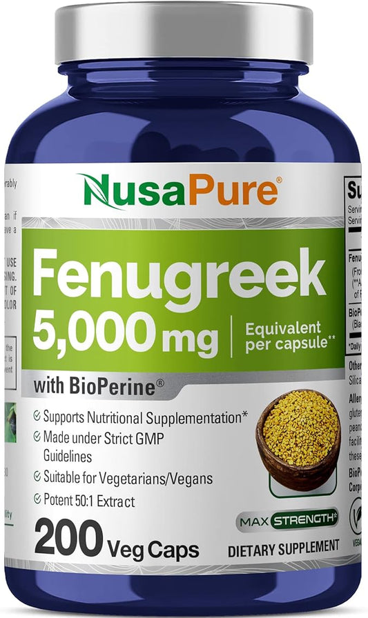NusaPure Fenugreek Capsules, 50:1 Extract, 100 mg Equivalent to 5,000mg, 200 Veggie Caps, Non-GMO, Vegan