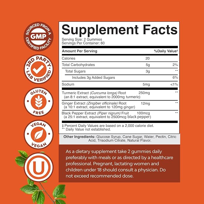 Turmeric Gummies for Adults Peach Flavor - Extra Strength Joint Support Gummies with Turmeric Curcumin with Black Pepper Extract and Ginger - and Ginger Peach Vitamins for Adults