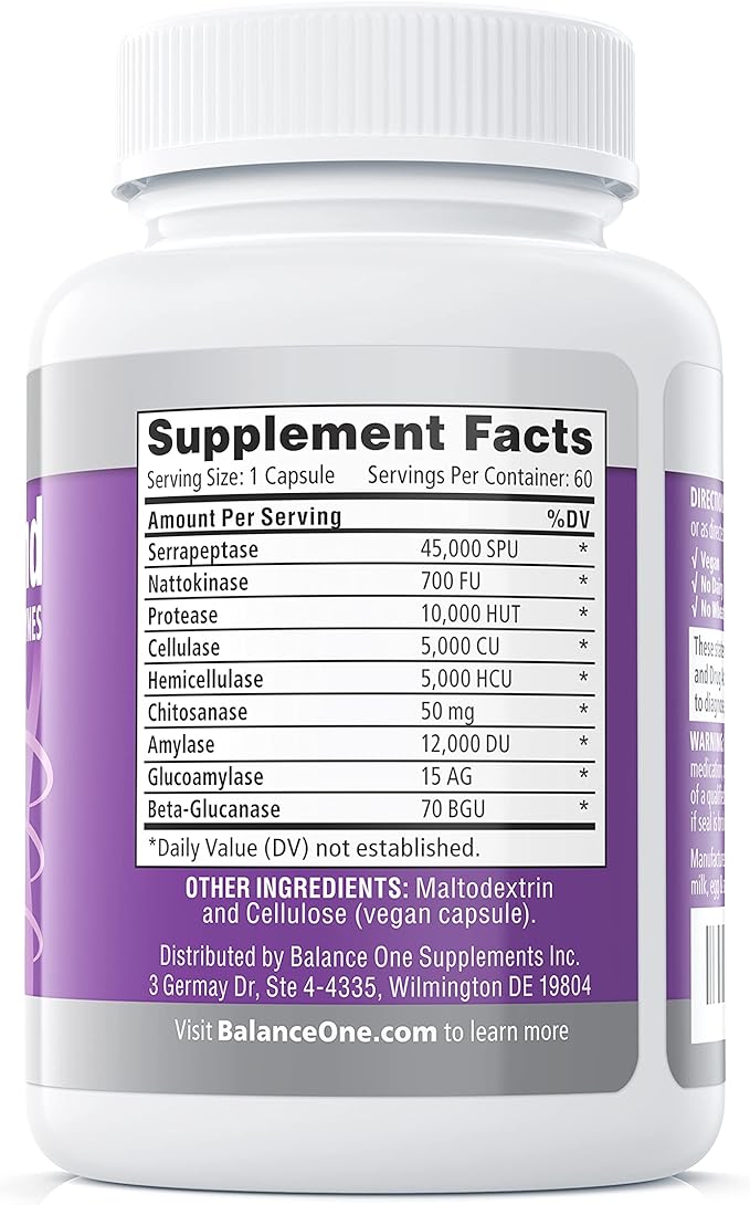 Balance ONE Biofilm Defense with Proteolytic & Digestive Enzymes for Men & Women - Serrapeptase, Nattokinase, Protease, Cellulase - 60 Capsules, 2 Month Supply - SerraDefend