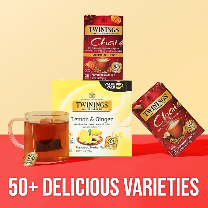 Twinings Pumpkin Spice Chai Black Tea Individually Wrapped Bags | 20 Count (Pack of 6), Warm, Spicy & Aromatic, Caffeinated