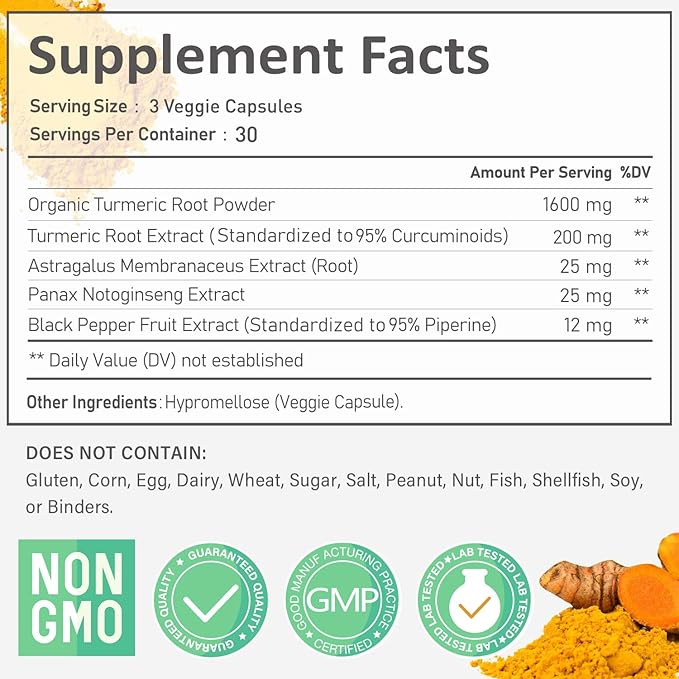 Turmeric Curcumin 1800mg with 95% Curcuminoids & Black Pepper – High Absorption Formula for Joint, Inflammation & Immune Support – Extra Strength, Vegan, Non-GMO – 90 Capsules