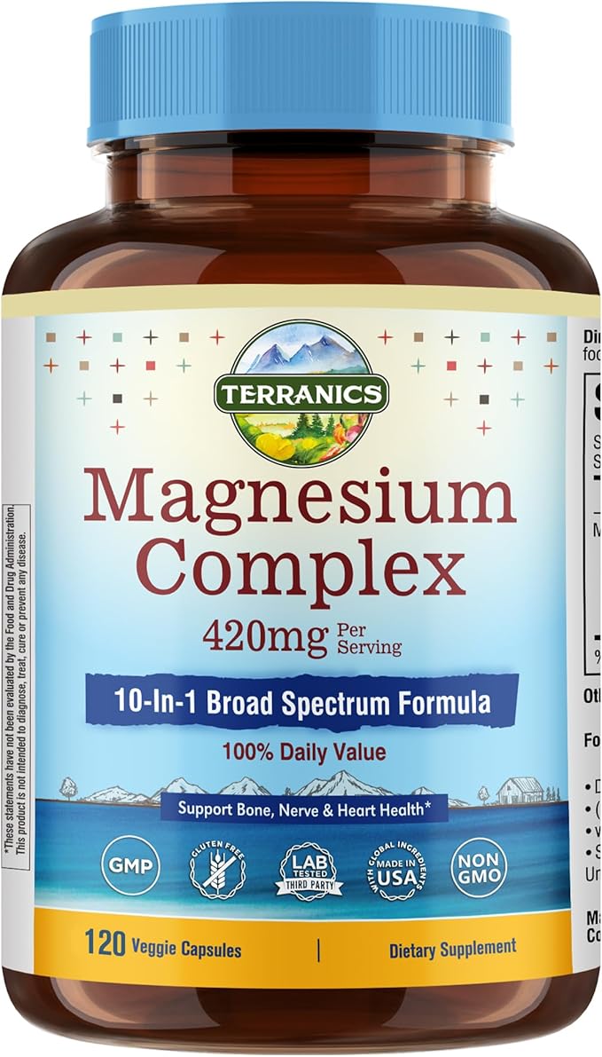 Terranics Magnesium Complex, 420mg, 10-in-1 Full-Spectrum Formula, Glycinate, Citrate, Malate & More, Max Absorption, Bone and Heart Support, 120 Veggie Caps