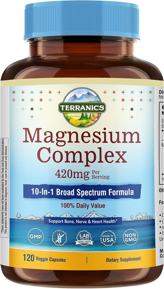 Terranics Magnesium Complex, 420mg, 10-in-1 Full-Spectrum Formula, Glycinate, Citrate, Malate & More, Max Absorption, Bone and Heart Support, 120 Veggie Caps