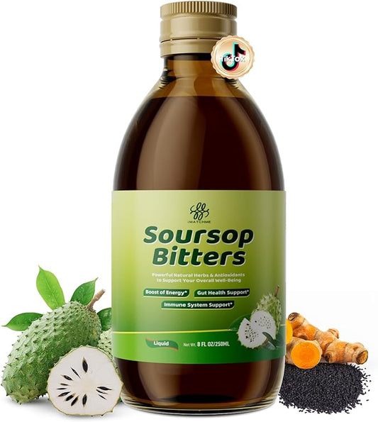 Soursop Bitters Liquid with Black Seed, Turmeric & Moringa-Pure 15 in 1 Herb Soursop Tea for Immune System, Digestive & Gut Health, Antioxidant,Skin Health Support 8 fl oz