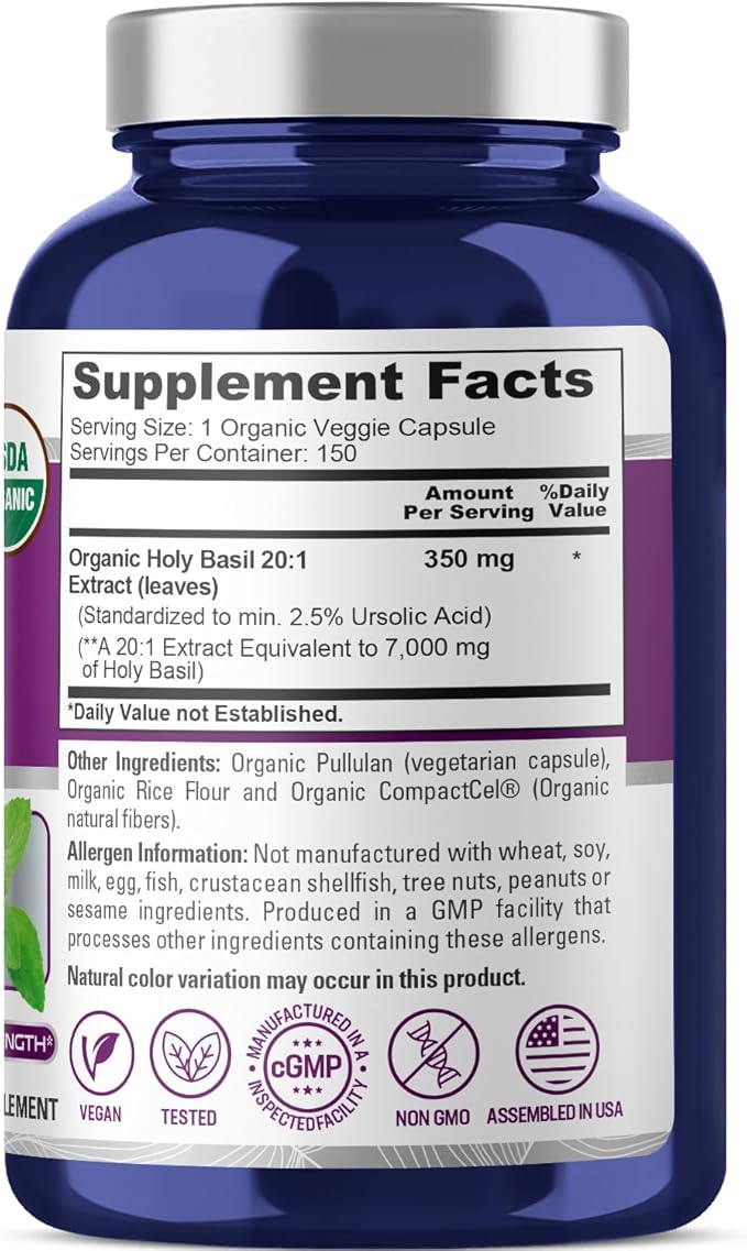 NusaPure USDA Organic Holy Basil Capsules 20:1 Extract, 350 mg Equivalent to 7,000mg | 150 Vegan Caps | Tulsi Holy Basil Leaf Extract | 2.5% Ursolic Acid | Non-GMO
