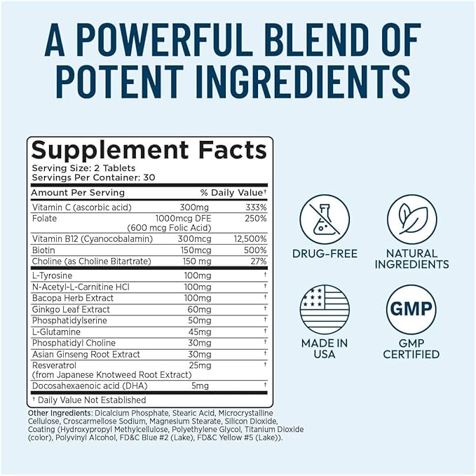 Brain Supplement for Memory, Focus, Mood & Concentration | Ginko Leaf Flavonoids, Bacopa Monnieri & Biotin | Improve Mental Performance, Attention & Cognitive Health (Pack of 3)