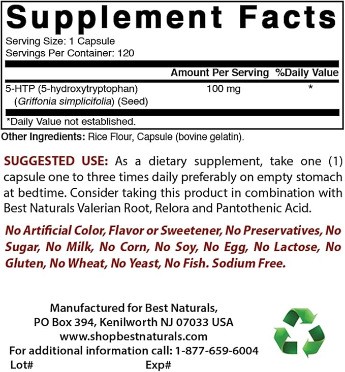 Best Naturals 2 Packs 5-HTP (5-hydroxytryptophan) 100 mg 120 Capsules
