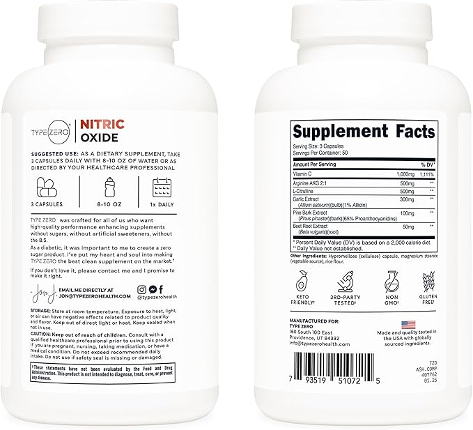 Type Zero Nitric Oxide 6X Booster, 150 Veggie Capsules - Natural Supplement - Beetroot, Arginine AKG, Citrulline, Pine Bark, Garlic & VIT C | Nitrous Oxide