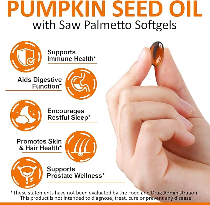 Pumpkin Seed Oil Capsules, Pumpkin Seed Oil with Saw Palmetto Capsules Cold-Pressed 1,000 mg per Serving, Supports Prostate Function, Hair Health, Rich in Essential Fatty Acids & Zinc