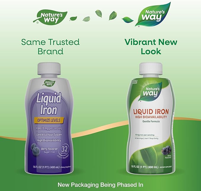 Nature's Way Liquid Iron, 100% Daily Value, 18 mg Iron as Ferric Glycinate per Serving, No Sugar Added, Berry Flavored, 16 Fl Oz (Packaging May Vary)