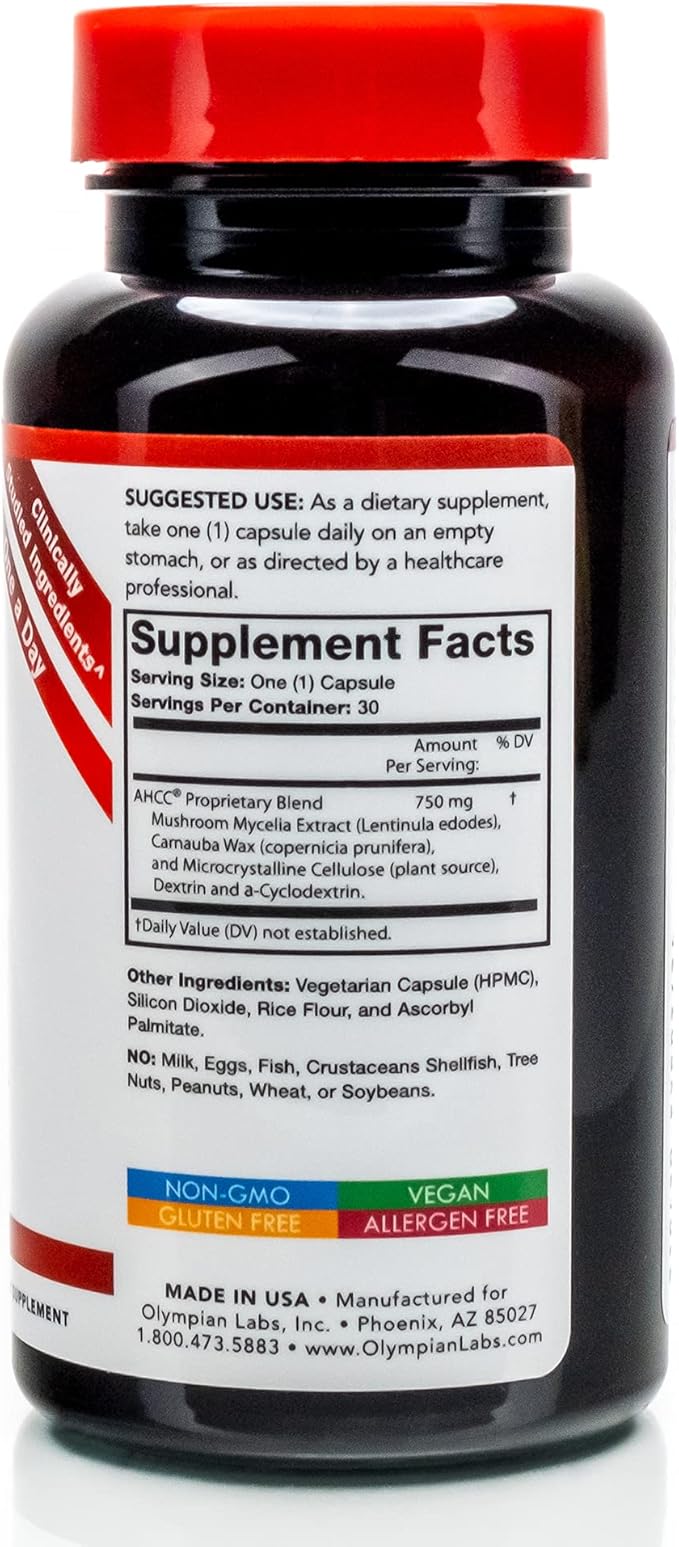 Olympian Labs Premium AHCC Supplement 750mg of AHCC per Capsule – Supports Immune Health, Liver Function, and Natural Killer Cell Activity- 30 Capsules