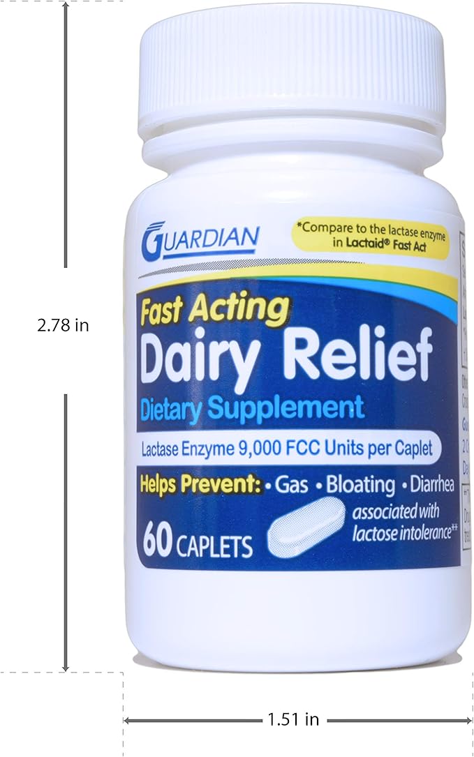 Guardian Dairy Relief Fast Acting Caplets, 9000 FCC, Lactose Intolerance Pills, Lactase Enzyme (360CT (Bottles))