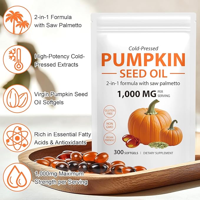 Pumpkin Seed Oil with Saw Palmetto Capsules,Pumpkin&Seed Oil 2 in 1 for Hair Growth,Cold Pressed,Supports Hair,Heart,Skin Supplement,Pumpkins Seed Extract Powder,PumpkinSeed Herbal Supplement 300 pcs