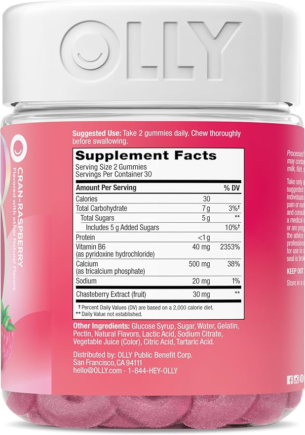 OLLY Period Hero Gummies, PMS Support Supplement,* Chasteberry, Vitamin B6, Calcium, Cran-Raspberry Flavor, 30 Day Supply - 60 Count
