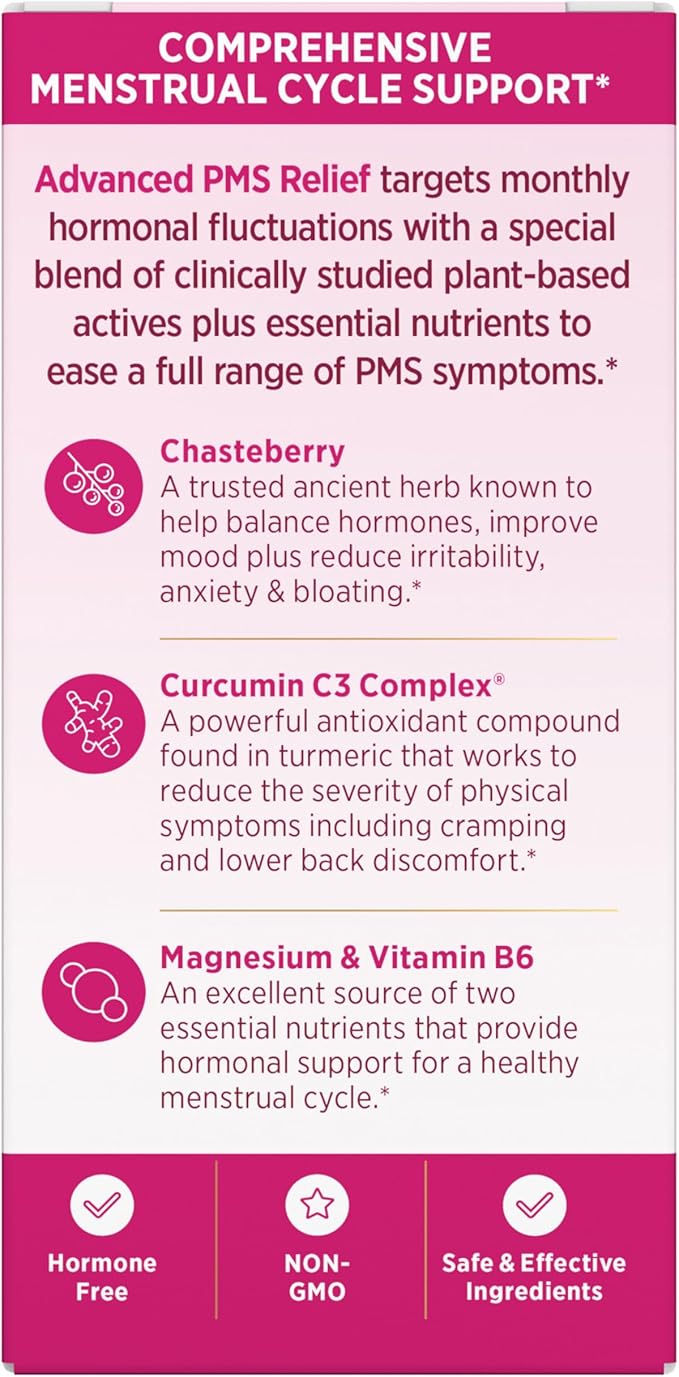Nature’s Bounty Optimal Solutions Advanced PMS Relief for Menstrual Cycle Support, PMS Support Supplement for Women, Bloating Relief – Chasteberry, Hormone-Free, 60 Vegetarian Capsules
