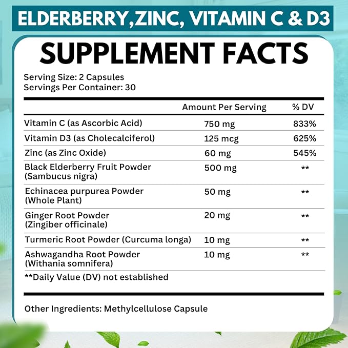 Elderberry Immune Support Supplement 8-in-1 Formula with Echinacea, Vitamin C & Zinc, Vitamin D 5000 IU, Turmeric, Ginger, Ashwagandha – 60 Capsules (Pack of 2)