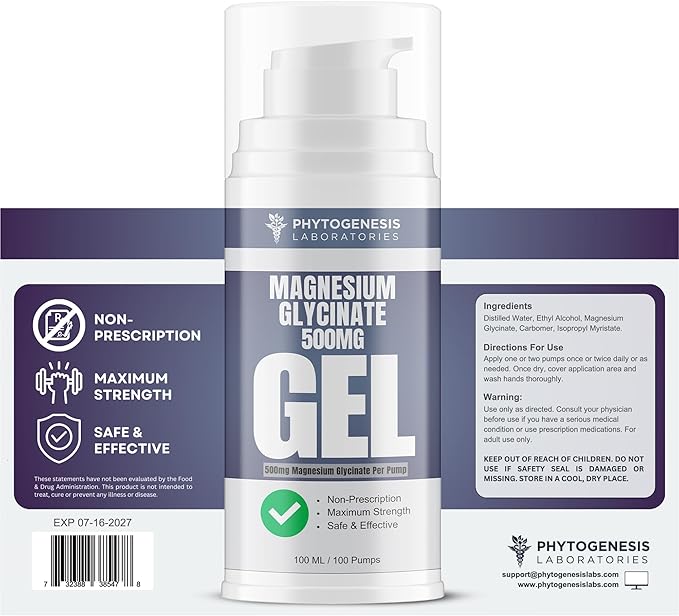 Topical Magnesium Glycinate Gel – 500mg Per Pump – High Absorption Transdermal Formula – Soothes Muscles - Supports Relaxation & Sleep – 4oz