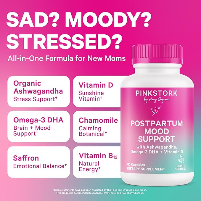 Pink Stork Postpartum Mood Support - Postnatal Hormone Balance for Women - Breastfeeding Friendly - Stress & Cognitive Support, New Mom Essentials - Ashwagandha, Chamomile, & Vitamin D, 60 Capsules