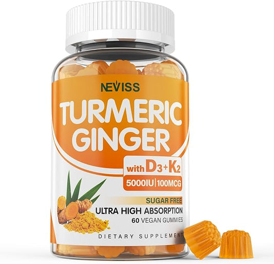 Sugar Free Turmeric Ginger Gummies 1500mg with Vitamin D3 5000IU & K2 for Women & Men, Curcumin Ginger Gummies for Adults for Immune & Digestive Support - Vegan, Mango Flavor, 60 Count