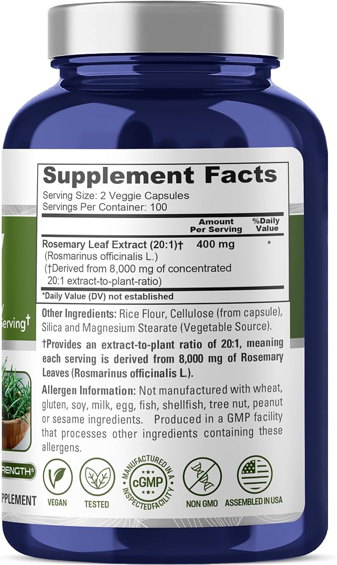 NusaPure Rosemary Capsules | 20:1 Extract, 400 mg Equivalent to 8,000mg | 200 Veggie Caps | Non-GMO