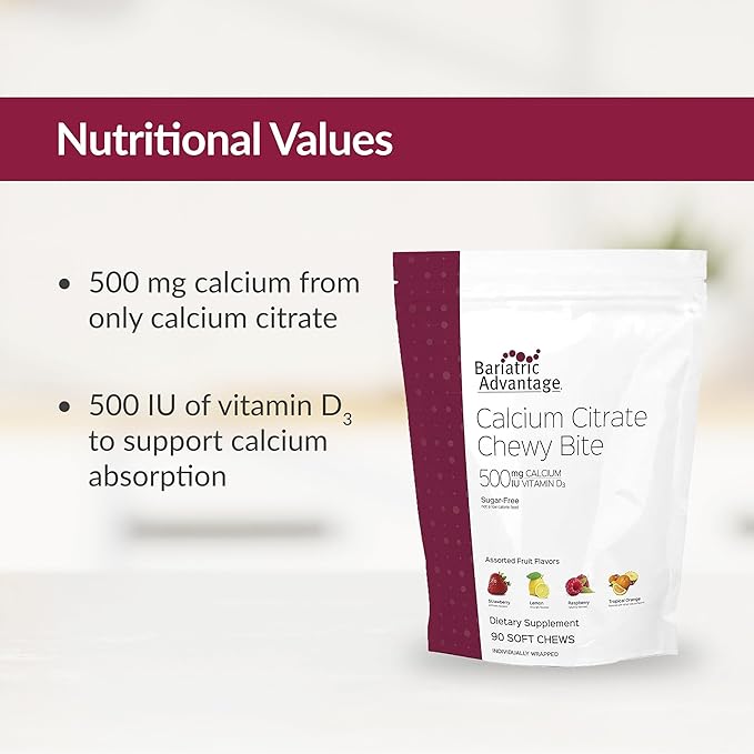 Bariatric Advantage Calcium Citrate Chewy Bites 500 mg - Highly Absorbable & Digestible - Vitamin D3 - Easily Chewable Calcium Supplement - Assorted Fruit - 90 Count