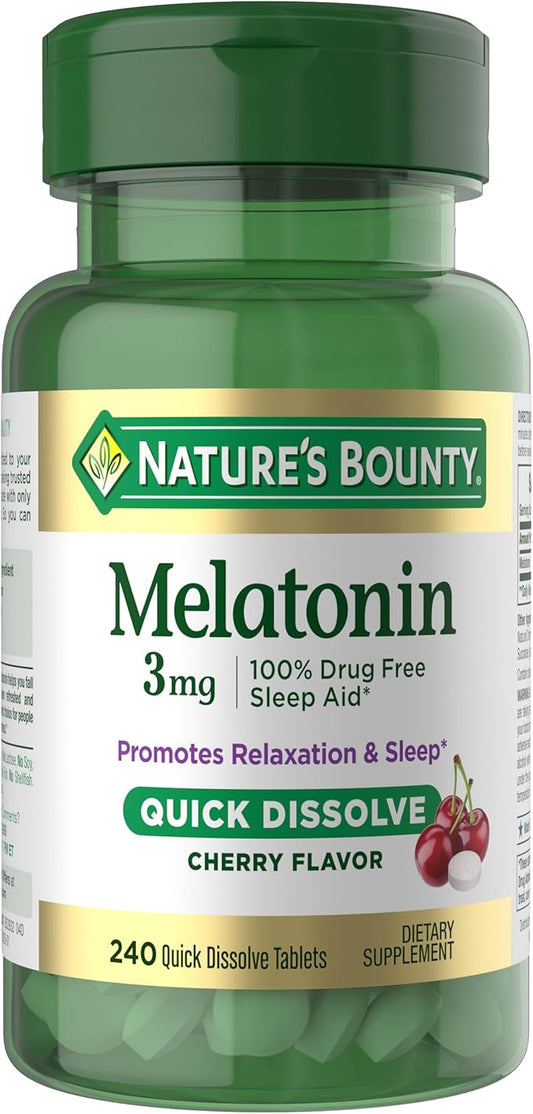 Nature's Bounty Melatonin 3mg Quick Dissolve, Sleep Aid Supplement, Sleep Aids for Adults, Cherry Flavor, 240 Count (Pack of 1), Package May Vary