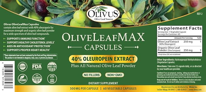 OliveLeafMAX Olive Leaf Extract (40% Oleuroepin) + Organic Olive Leaf Powder + No Fillers + 60 Vegetarian Capsules + Sourced from Spain and Manufactured in USA at GMP Facility