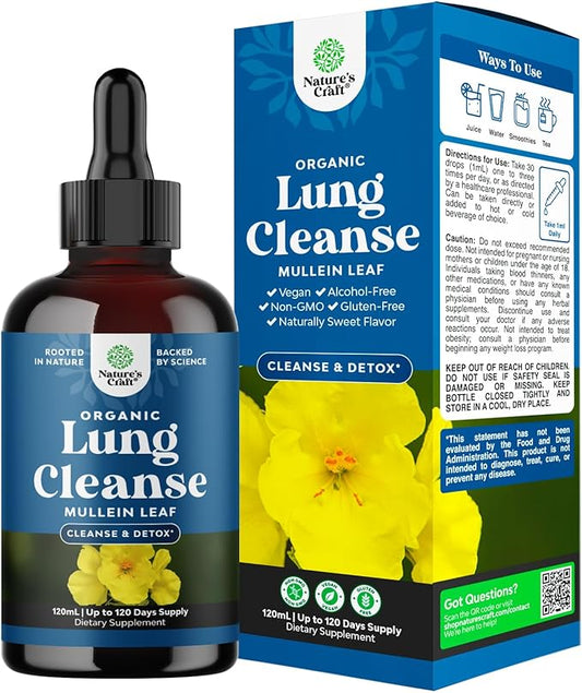 USDA Organic Mullein Drops for Lungs - Herbal Lung Detox & Cleanse with Marshmallow Root Extract & Plantain Leaf for Respiratory Lung Health - Mullein Leaf Tincture Drops for Breathing Support - 120ml