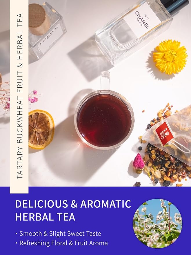 TeeLux Rose Blueberry Tea Bags, 8g/bag, Tartary Buckwheat with Mulberries, Red Dates, Caffeine Free, Floral Aroma & Rich Tartary Buckwheat Aroma, 30 Count