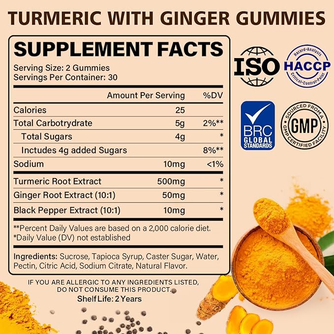 Turmeric Ginger Gummies with Black Pepper, 500 mg Turmeric Curcumin Supplement for Immune Support, Healthy Skin, and Mobility 60 Count Non-GMO Gluten-Free