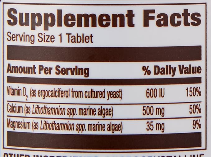 Amazon Elements Calcium plus Vitamin D, Calcium 500mg with D2 600IU, Vegan, 65 Tablets (2 month supply) (Packaging may vary), Supports Strong Bones and Immune Health
