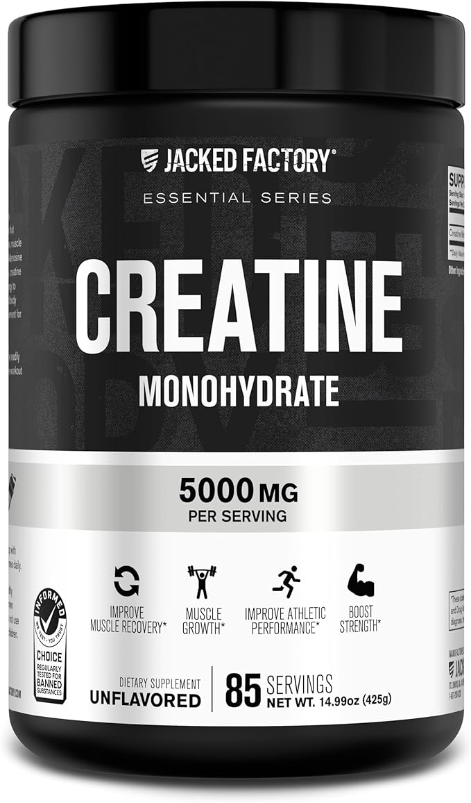 Jacked Factory Creatine Monohydrate Powder 425g - Creatine Supplement for Muscle Growth, Increased Strength, Enhanced Energy, & Improved Athletic Performance 85 Servings, Unflavored