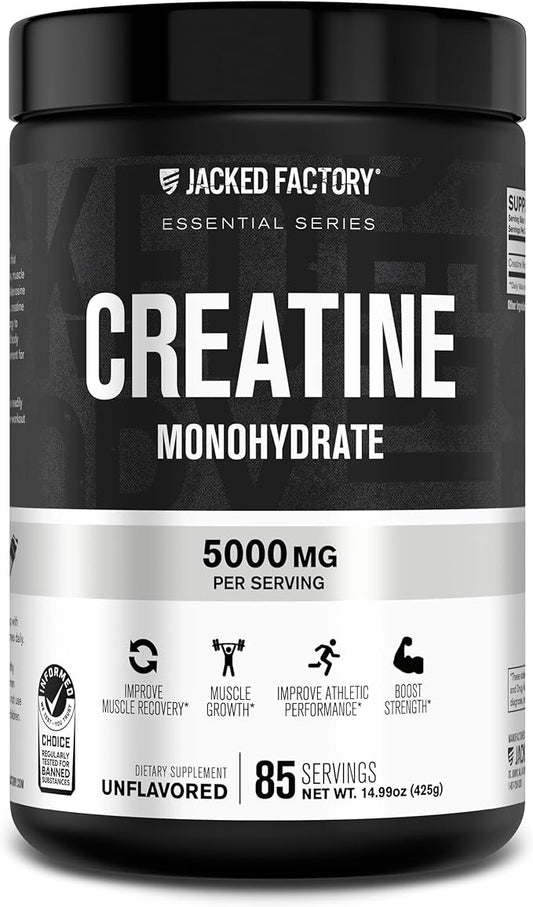 Jacked Factory Creatine Monohydrate Powder 425g - Creatine Supplement for Muscle Growth, Increased Strength, Enhanced Energy, & Improved Athletic Performance 85 Servings, Unflavored