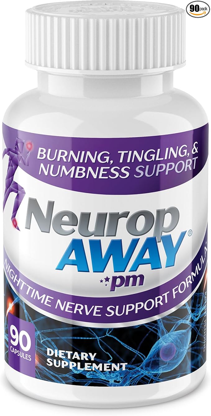 NeuropAWAY Nerve Support PM, with R-Alpha Lipoic Acid to Help Provide Nerve Relief in as Little as 5 Days, Acetyl-L-Carnitine, Theanine, Melatonin, and Methylcobalamin, 90 Capsules