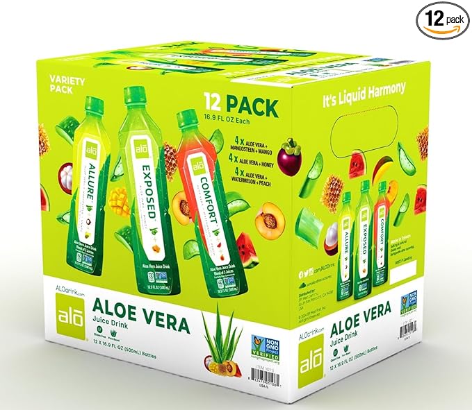 ALO Aloe Vera Juice | 16.9 fl oz, Pack of 12 | 3-Flavor Variety Pack | ALLURE, COMFORT, EXPOSED Plant-Based Drink